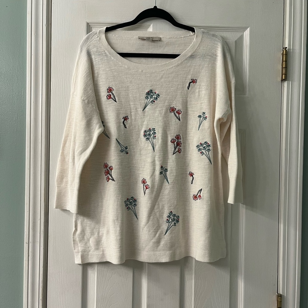 LOFT Plus | Embroidered Cream Flower Sweater | Size 1x 16/18